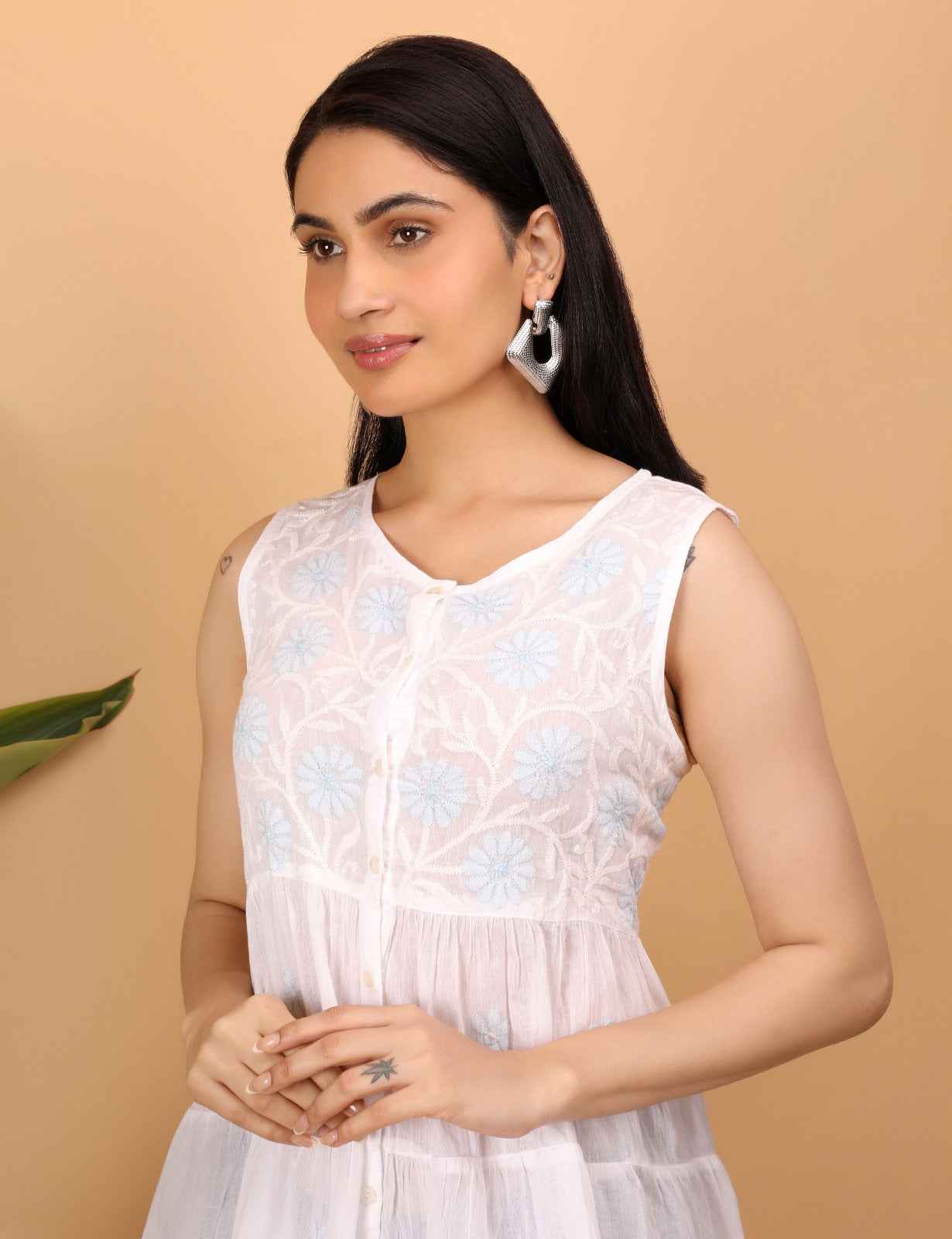 Shwet White Hand Embroidered Chikankari Tier top