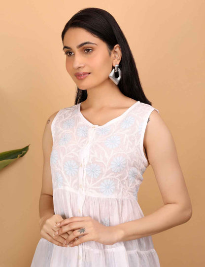 Shwet White Hand Embroidered Chikankari Tier top
