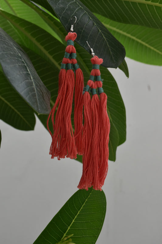Red tassel earrings on a green leaf background