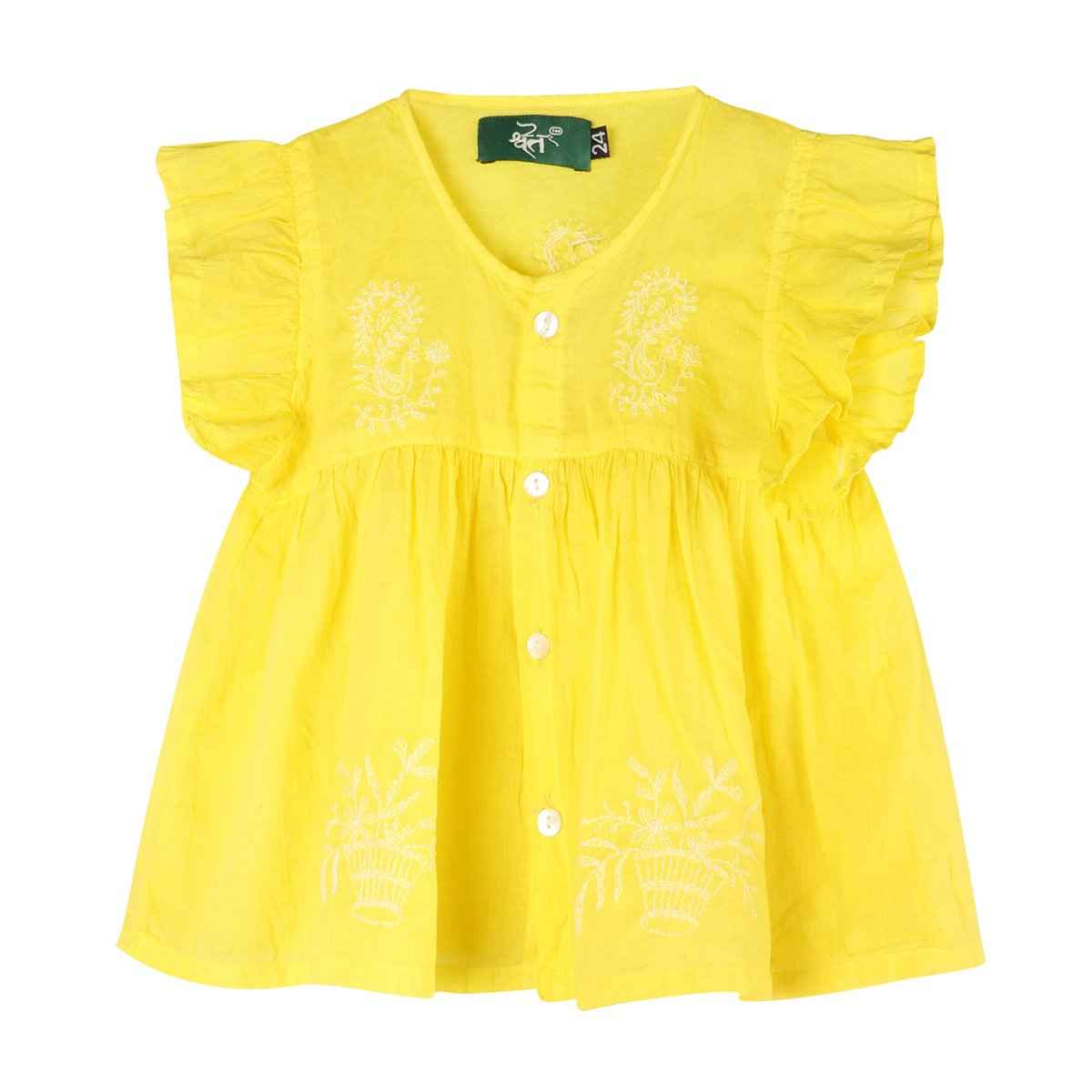 Shwet Chikankari yellow Baby Frok