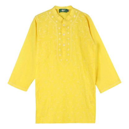 Shwet Chikankari Yellow Cotton Boy Kurta Payjama - Ethnic Wear with Hand Embroidery