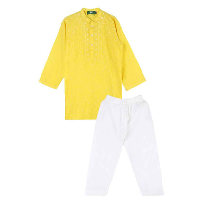 Shwet Chikankari Yellow Cotton Boy Kurta Payjama - Ethnic Wear with Hand Embroidery
