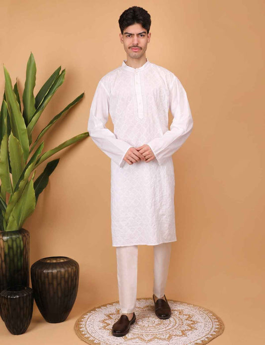 Shwet Men Cotton White Chikankari Kurta