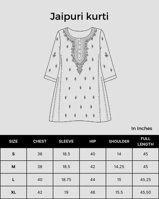 Size chart for Shwet Women White Hand Embroidered Chikankari Jaipuri Kurti