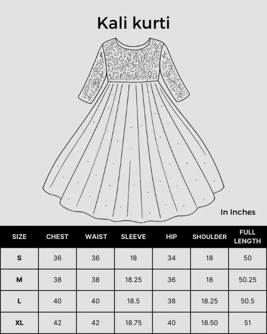 Size chart for Shwet Women Powder Pink Hand Embroidered Chikankari  Kali kurti