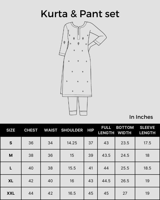 Size chart for Shwet Women Peach Chikankari Kurta Pants