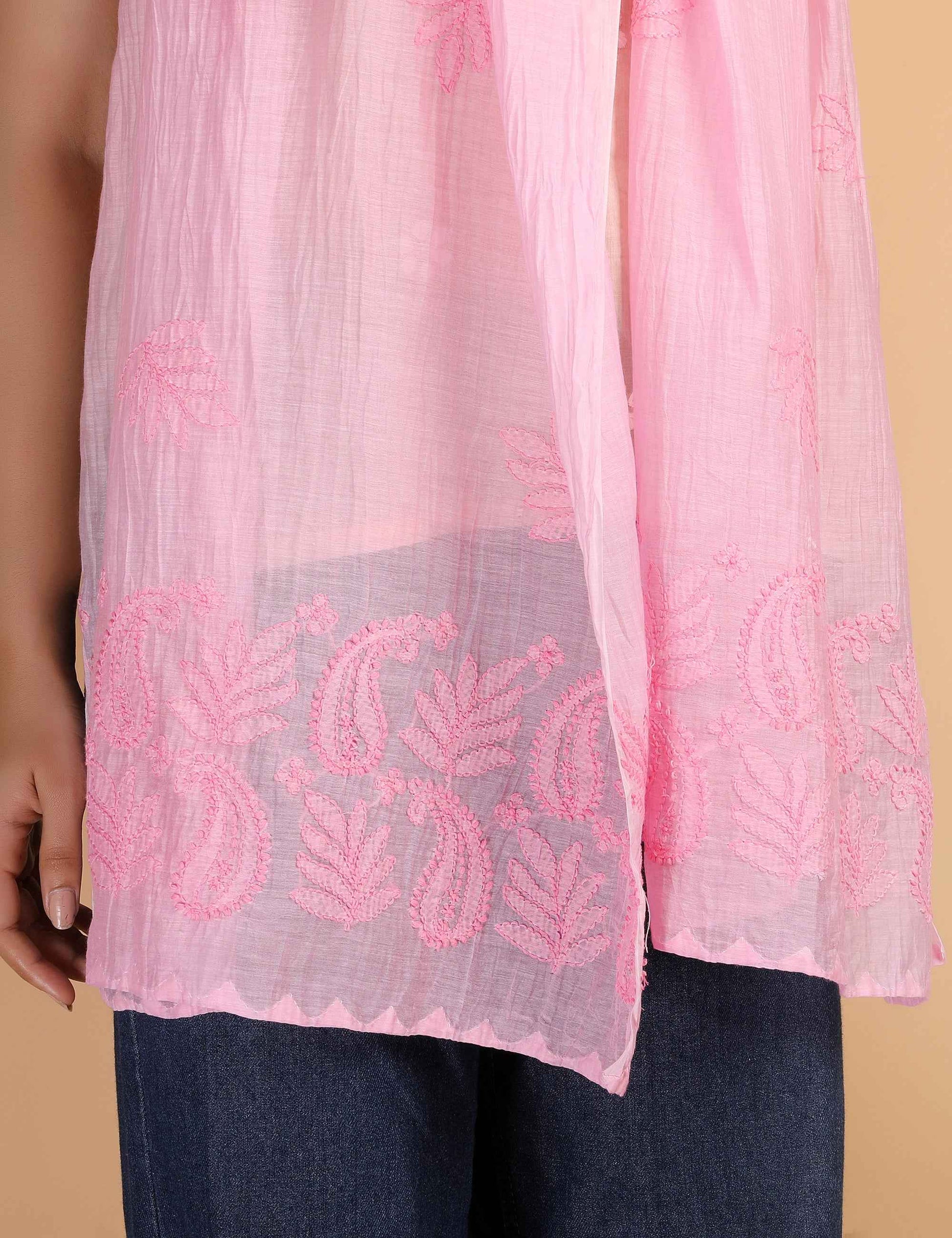 Shwet Women Pink Chikankari Chanderi Stole