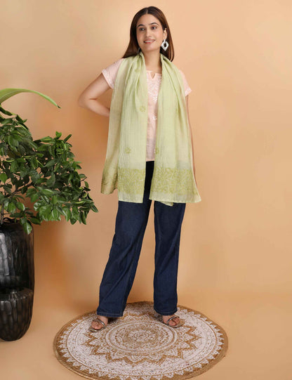 Shwet Women Green Chikankari Chanderi Stole