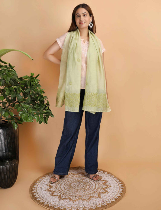 Shwet Women Green Chikankari Chanderi Stole