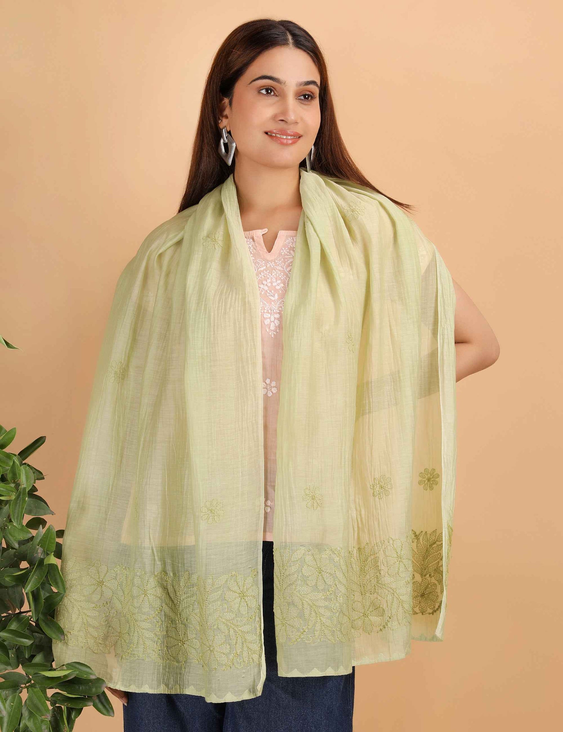 Shwet Women Green Chikankari Chanderi Stole