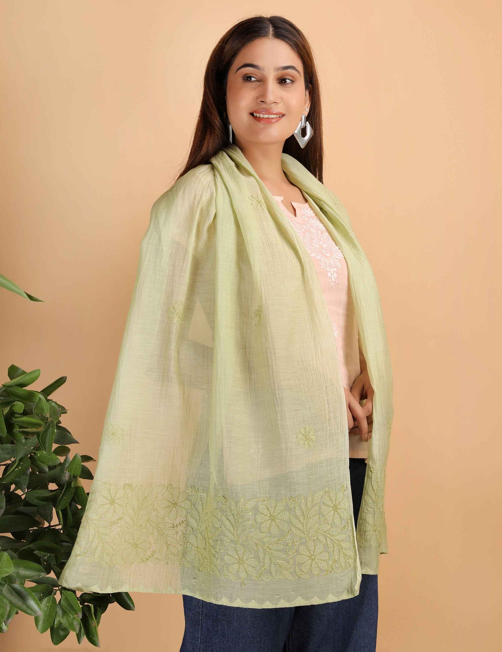 Shwet Women Green Chikankari Chanderi Stole