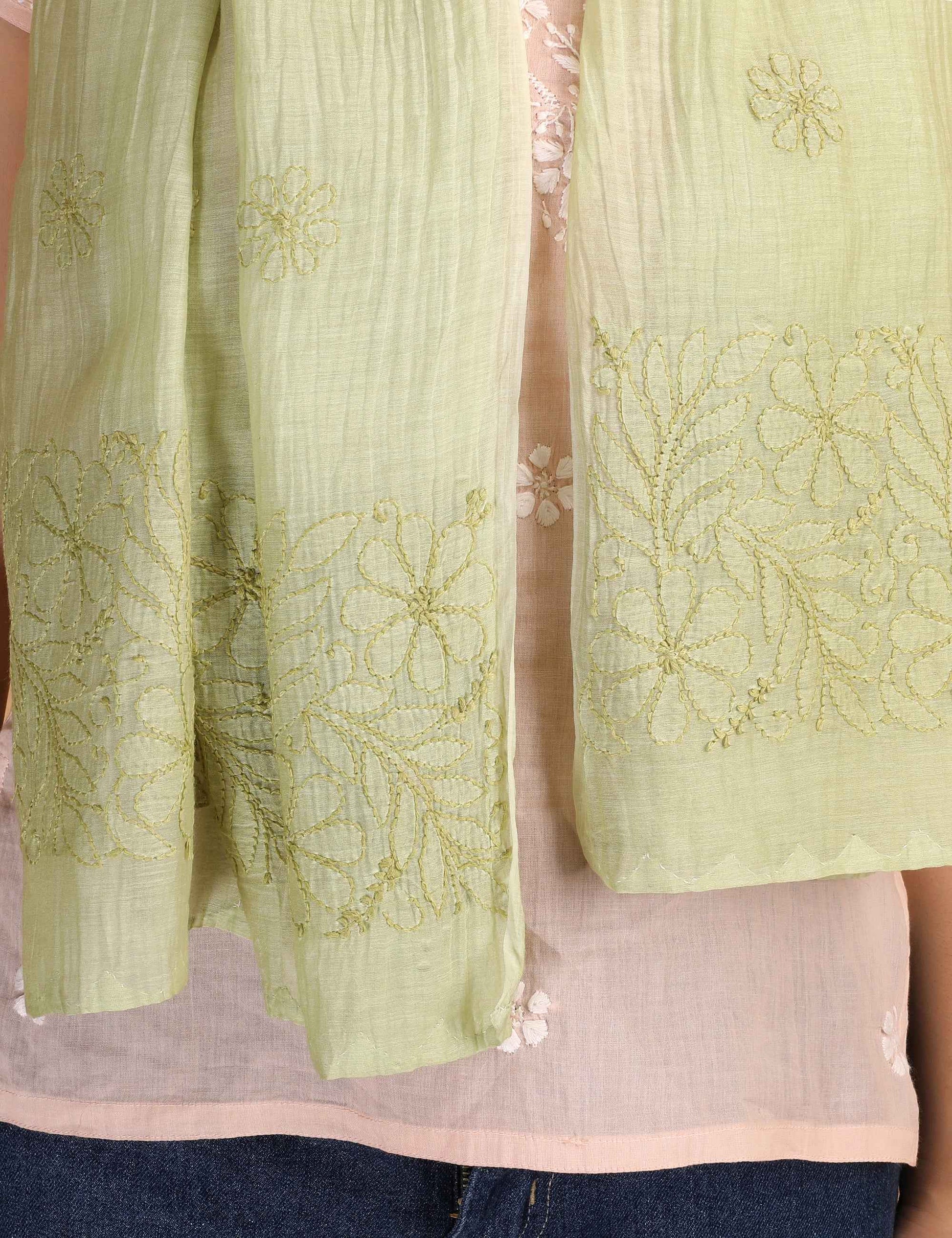 Shwet Women Green Chikankari Chanderi Stole
