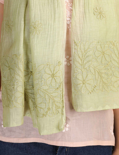 Shwet Women Green Chikankari Chanderi Stole