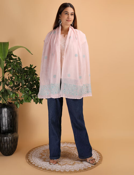 Shwet Women Peach Chikankari Chanderi Stole