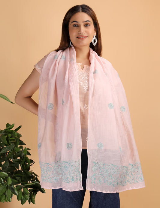 Shwet Women Peach Chikankari Chanderi Stole