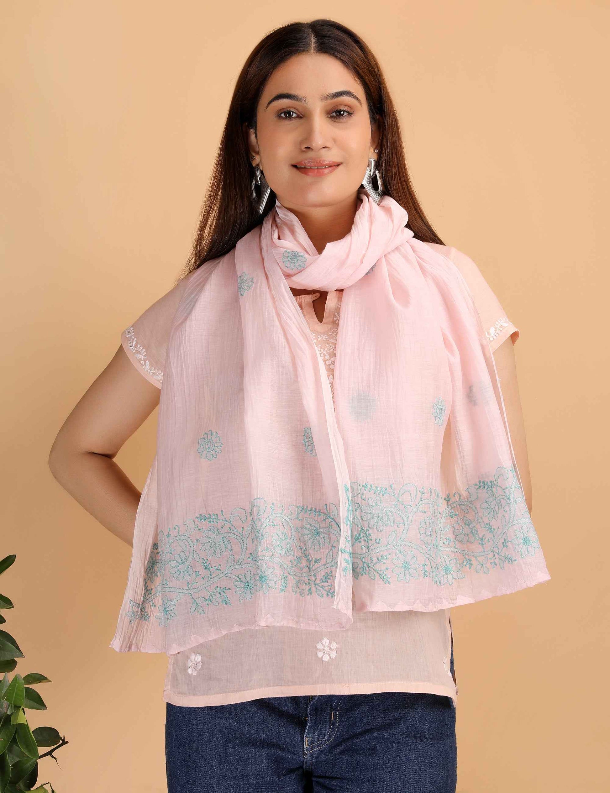 Shwet Women Peach Chikankari Chanderi Stole