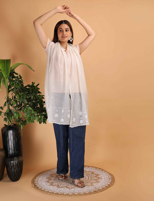 Shwet Women white Chikankari Chanderi Stole
