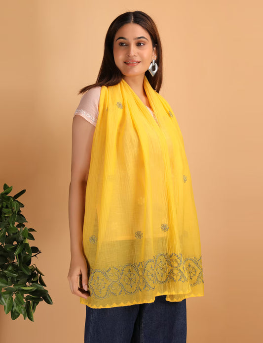Shwet Women Yellow Chikankari Chanderi Stole