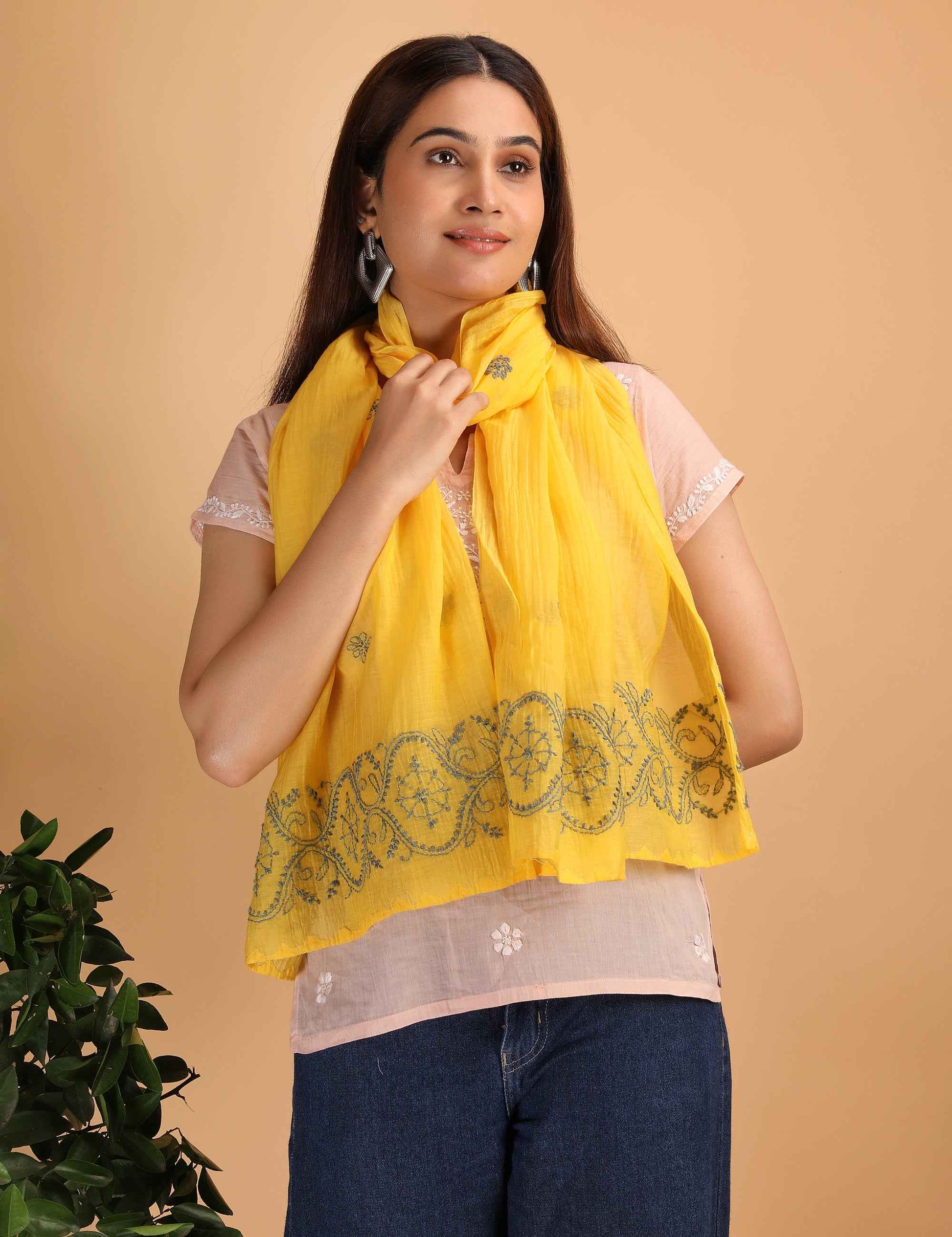 Shwet Women Yellow Chikankari Chanderi Stole