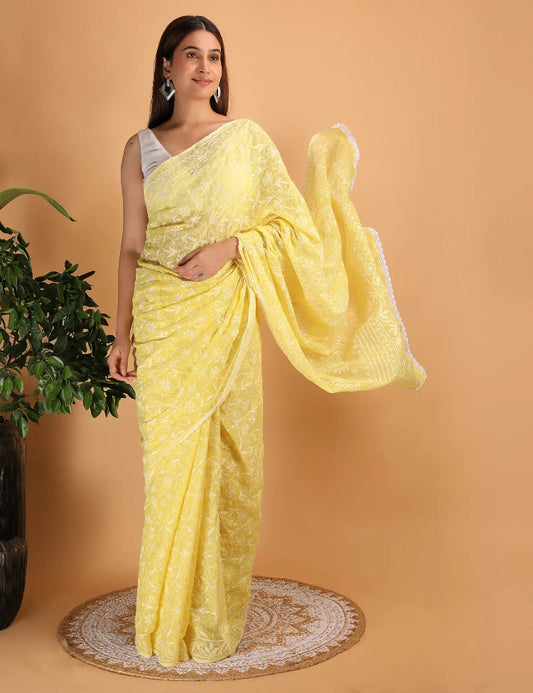 Women Yellow Hand Embroidered  Kota Cotton Chikankari Saree
