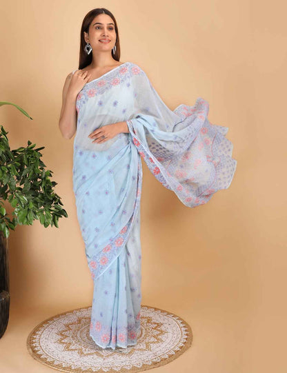 Shwet Sky Blue and Peach Kota Cotton Chikankari Saree
