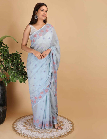 Shwet Sky Blue and Peach Kota Cotton Chikankari Saree