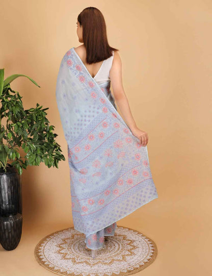 Shwet Sky Blue and Peach Kota Cotton Chikankari Saree