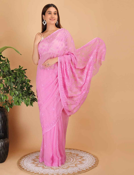 Shwet Magenta Kota Cotton Chikankari Saree