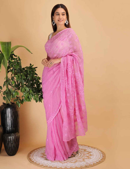 Shwet Magenta Kota Cotton Chikankari Saree