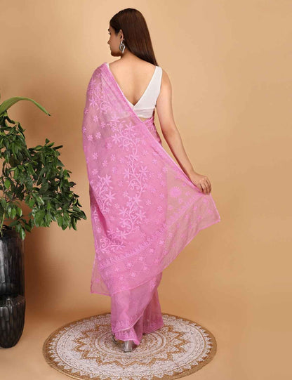 Shwet Magenta Kota Cotton Chikankari Saree