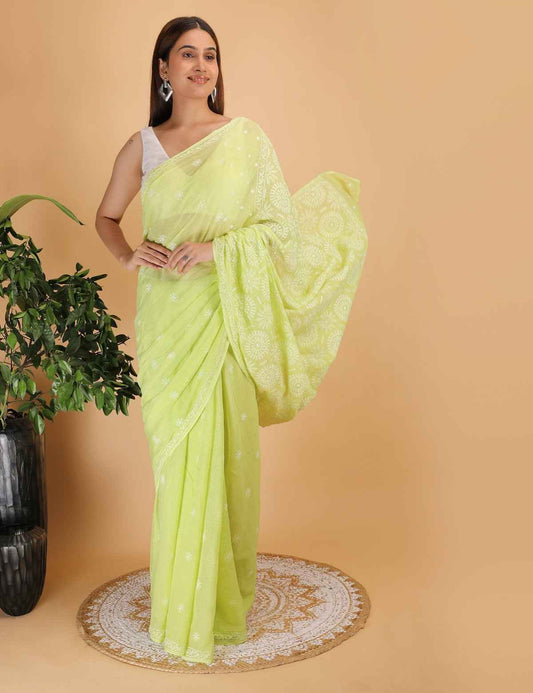Shwet Light Green  Kota Cotton Chikankari Saree