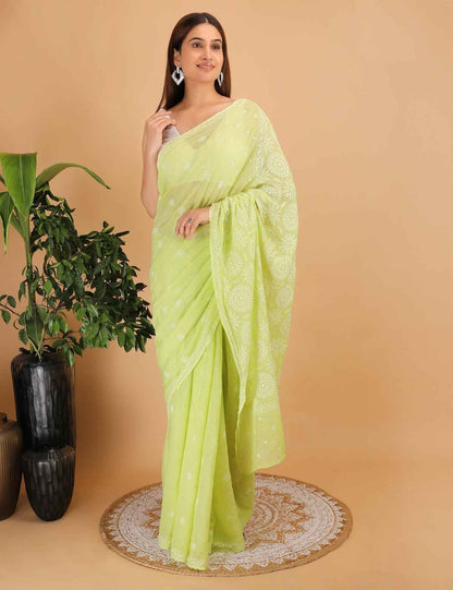 Shwet Light Green  Kota Cotton Chikankari Saree