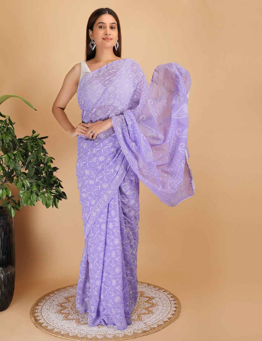Shwet Move Georgette Chikankari Saree