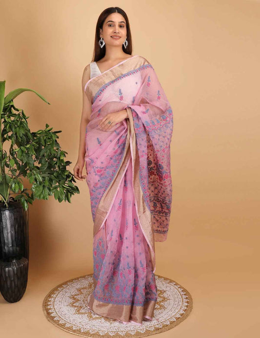 Shwet Magenta and Blue organza Chikankari Saree