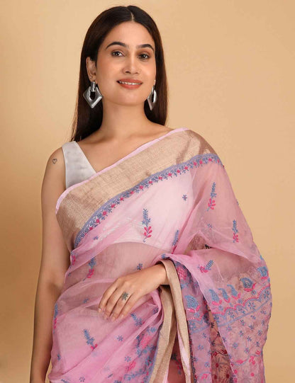 Shwet Magenta and Blue organza Chikankari Saree
