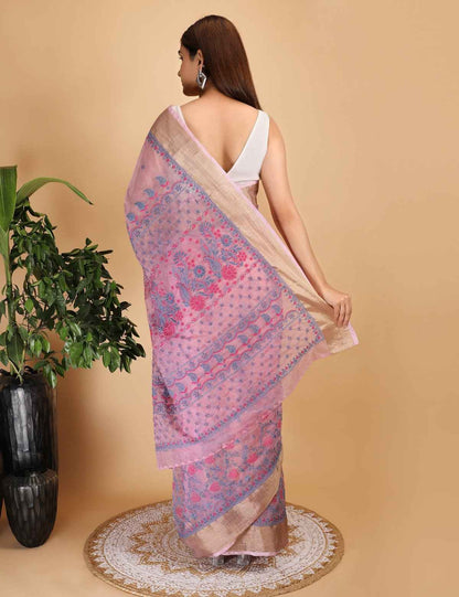 Shwet Magenta and Blue organza Chikankari Saree