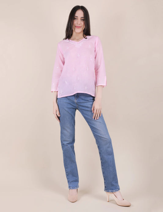 Women Hand Embroidered "Pastel Poise"  Pink short top