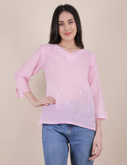 Women Hand Embroidered "Pastel Poise"  Pink short top