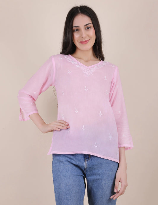 Women Hand Embroidered "Pastel Poise"  Pink short top