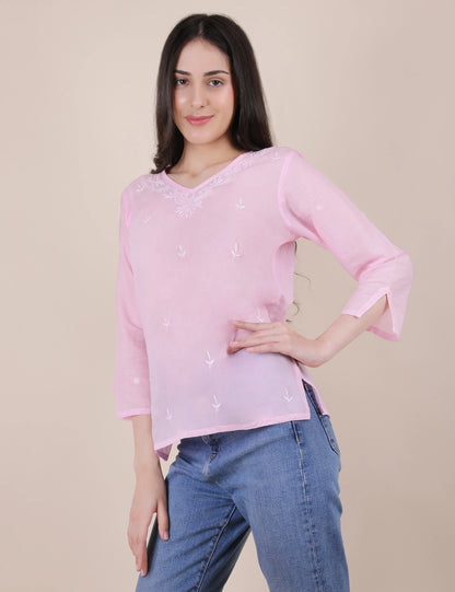 Women Hand Embroidered "Pastel Poise"  Pink short top