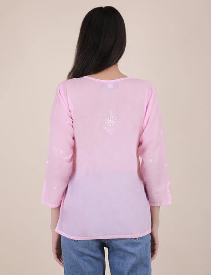 Women Hand Embroidered "Pastel Poise"  Pink short top