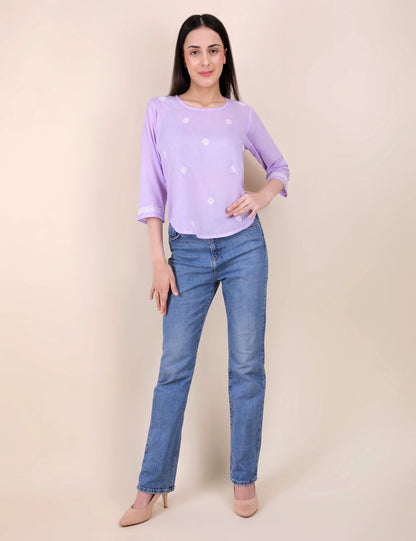 Shwet Women Hand Embroidered "Pastel Poise" Lavendar short top
