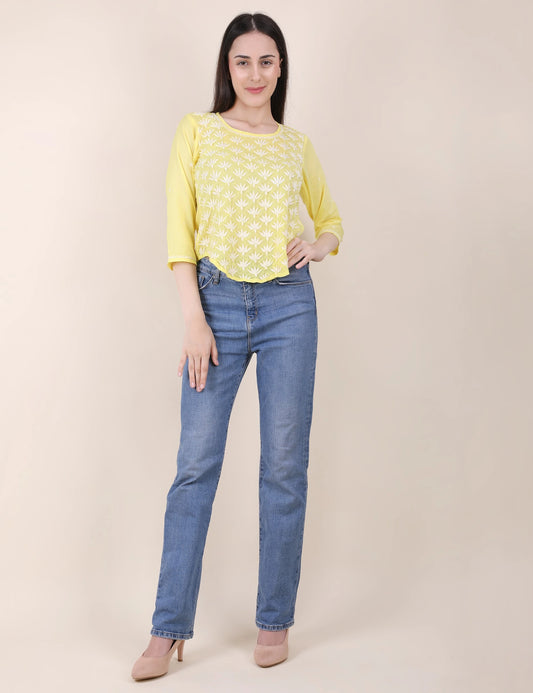 Shwet Women Hand Embroidered "Pastel Poise" Yellow short top