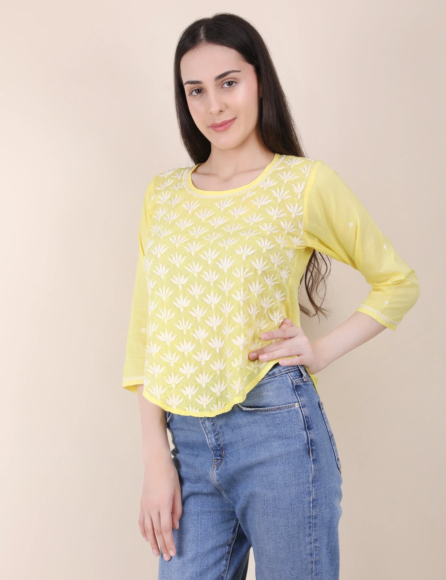 Shwet Women Hand Embroidered "Pastel Poise" Yellow short top