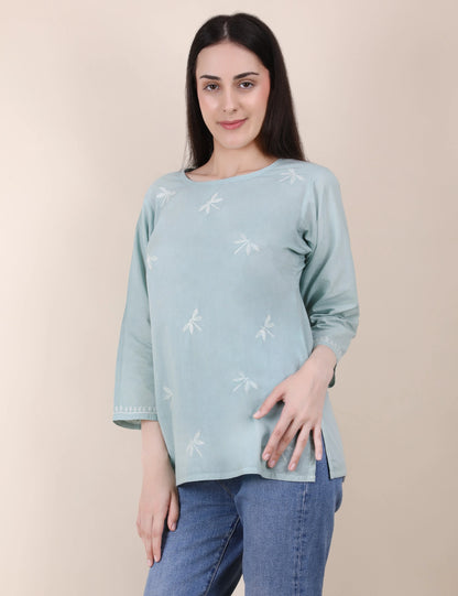 Shwet Women Hand Embroidered "Pastel Poise" Teal short top