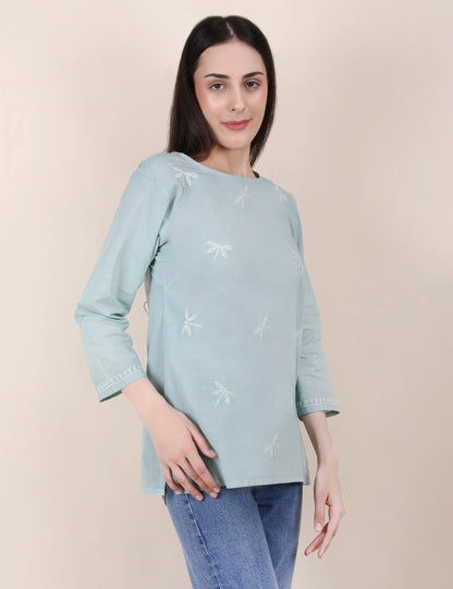 Shwet Women Hand Embroidered "Pastel Poise" Teal short top