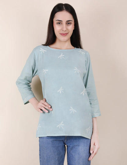 Shwet Women Hand Embroidered "Pastel Poise" Teal short top
