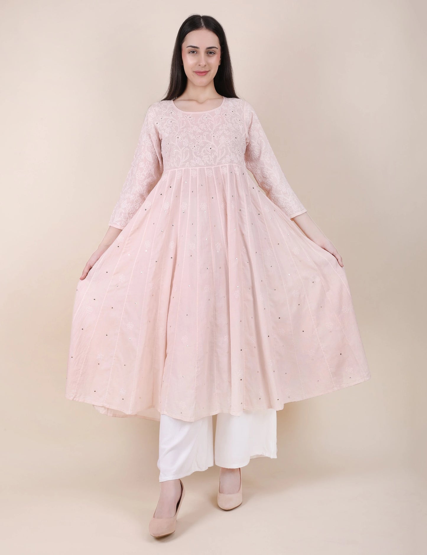 Shwet Women Powder Pink Hand Embroidered Chikankari  Kali kurti