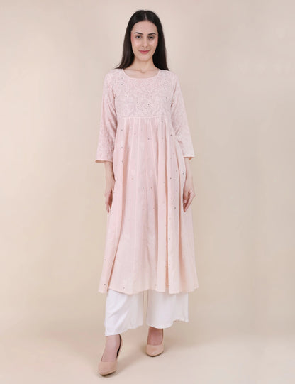 Shwet Women Powder Pink Hand Embroidered Chikankari  Kali kurti