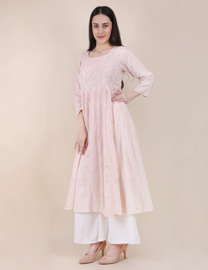 Shwet Women Powder Pink Hand Embroidered Chikankari  Kali kurti